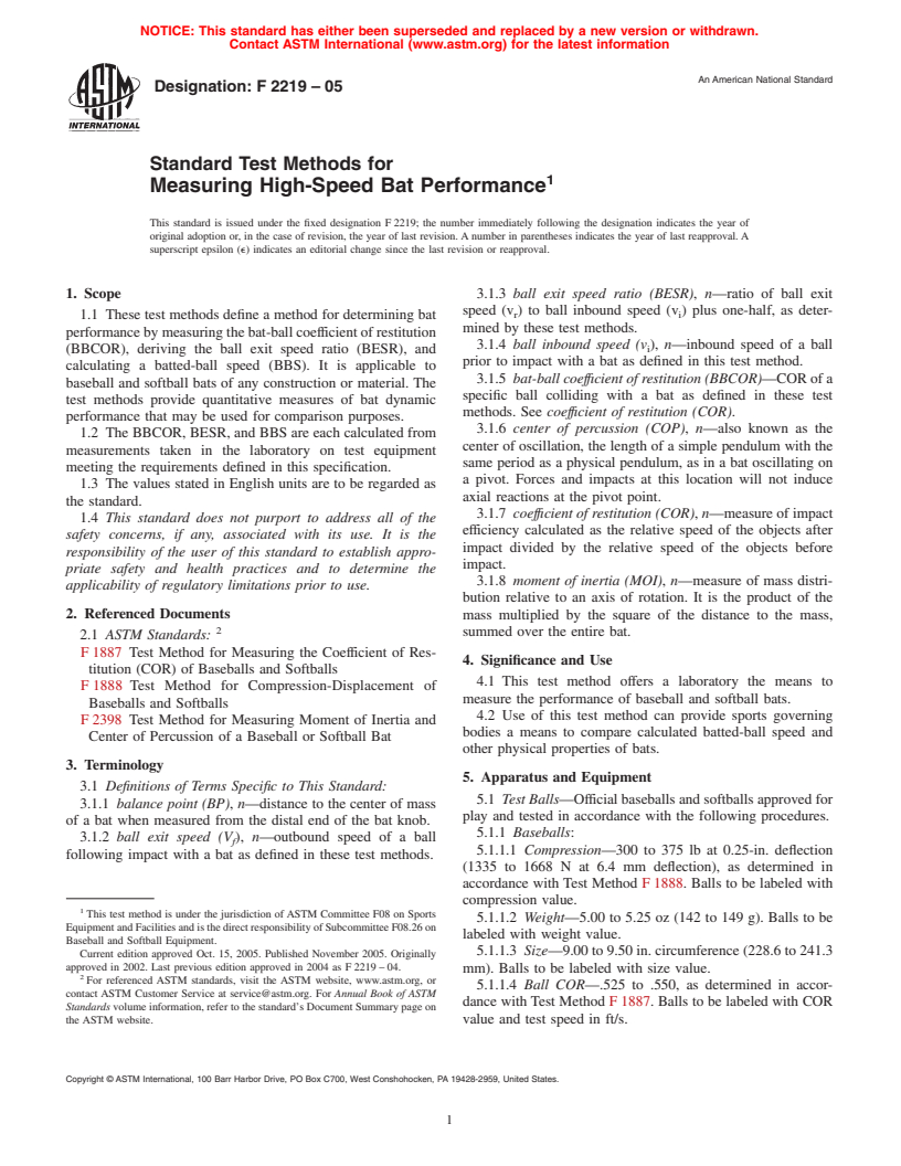 ASTM F2219-05 - Test Methods for Measuring High-Speed Bat Performance