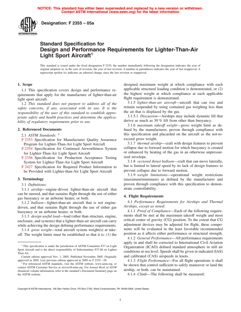 ASTM F2355-05a - Standard Specification for Design and Performance Requirements for Lighter-Than-Air Light Sport Aircraft