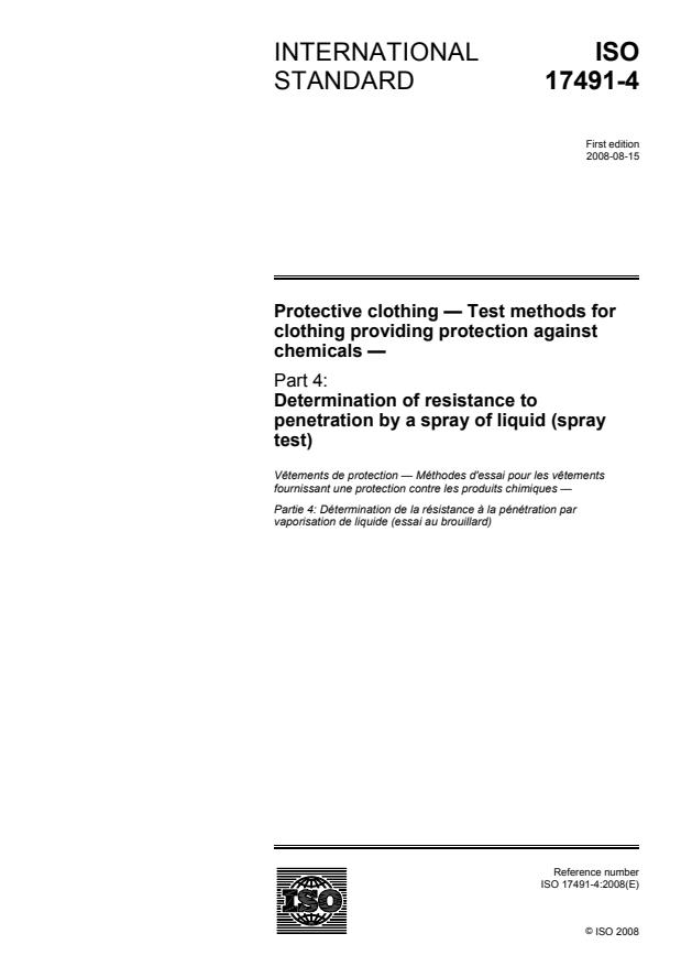 ISO 17491-4:2008 - Protective clothing -- Test methods for clothing providing protection against chemicals