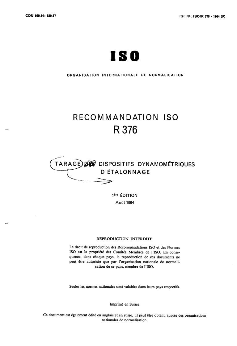 ISO/R 376:1964 - Calibration of elastic proving devices
Released:8/1/1964