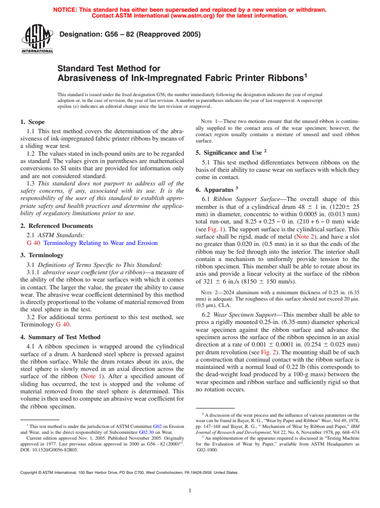 ASTM G56-82(2005) - Standard Test Method for Abrasiveness of Ink-Impregnated Fabric Printer Ribbons