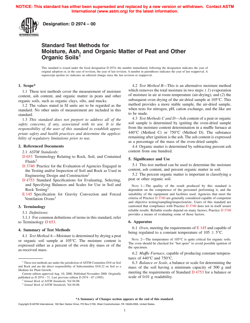 ASTM D2974-00 - Standard Test Methods for Moisture, Ash, and Organic Matter of Peat and Other Organic Soils