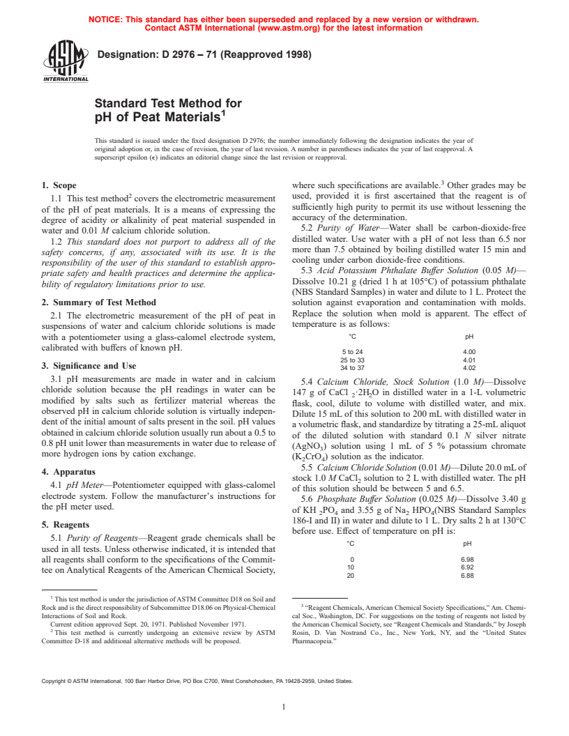 ASTM D2976-71(1998) - Standard Test Method for pH of Peat Materials