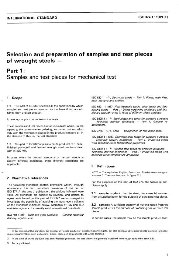 ISO 377-1:1989 - Selection and preparation of samples and test pieces of wrought steels