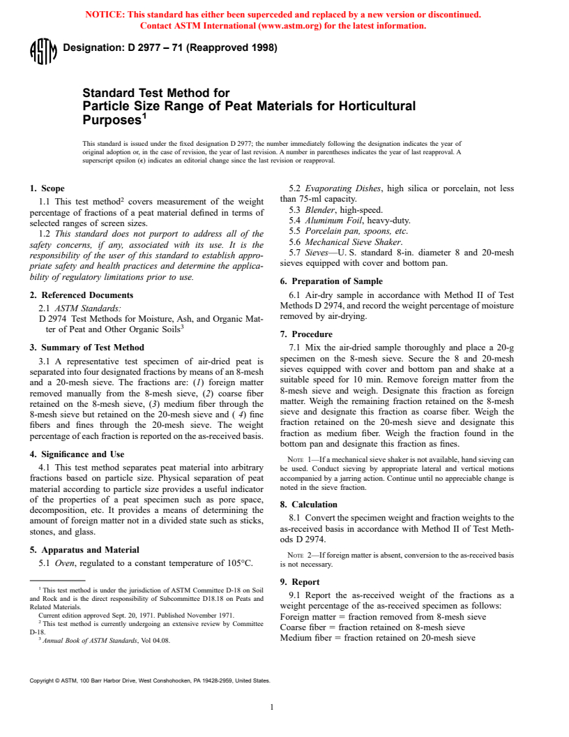 ASTM D2977-71(1998) - Standard Test Method for Particle Size Range of Peat Materials for Horticultural Purposes