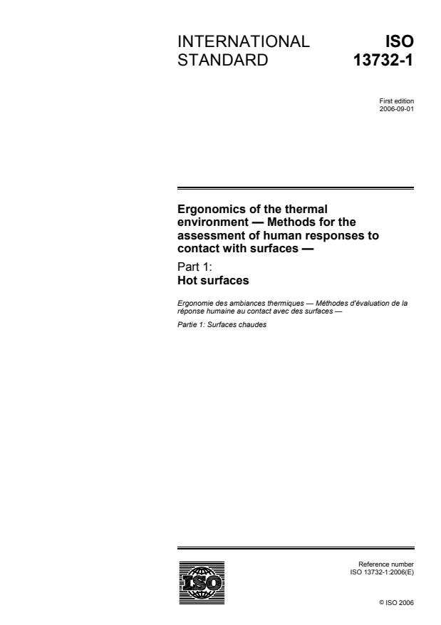 ISO 13732-1:2006 - Ergonomics of the thermal environment -- Methods for the assessment of human responses to contact with surfaces