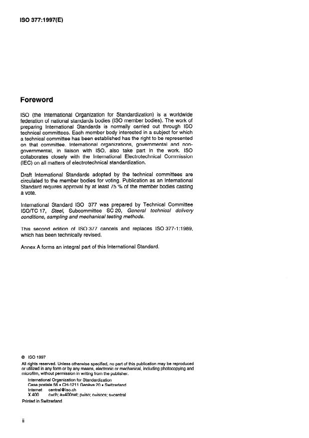 ISO 377:1997 ISO 377:1997 - Steel and steel products -- Location and preparation of samples and test pieces for mechanical testing - Page 2 preview
