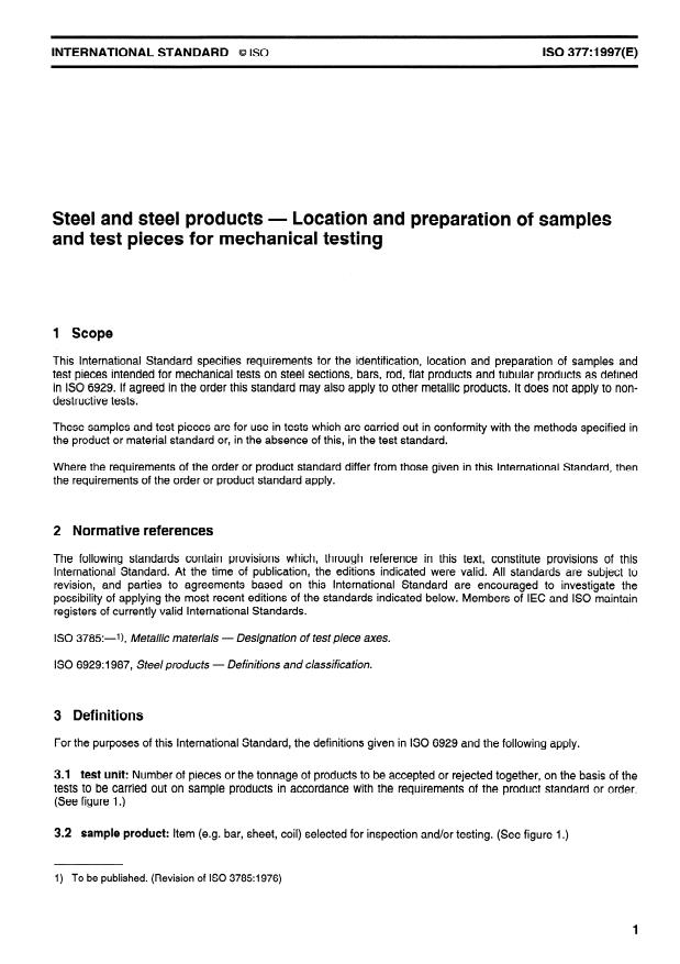 ISO 377:1997 - Steel and steel products -- Location and preparation of samples and test pieces for mechanical testing