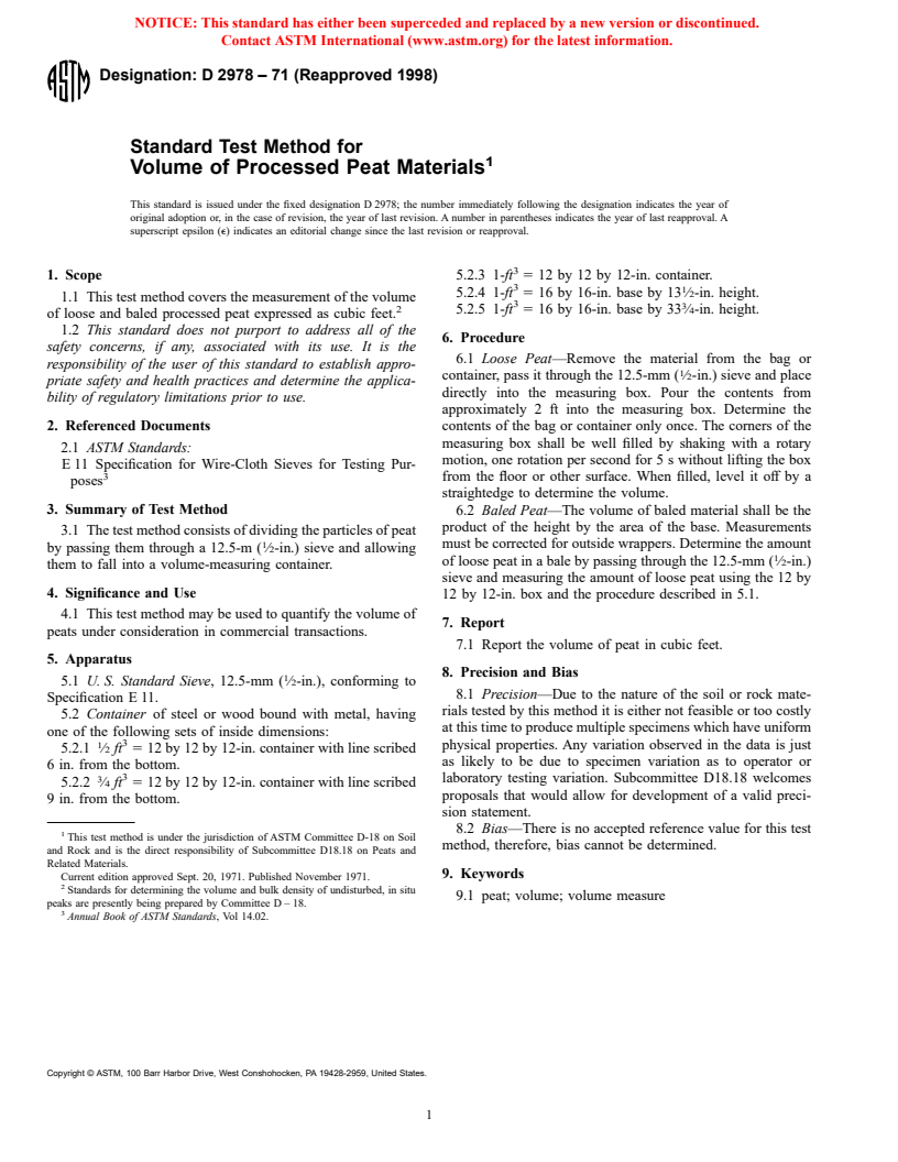 ASTM D2978-71(1998) - Standard Test Method for Volume of Processed Peat Materials