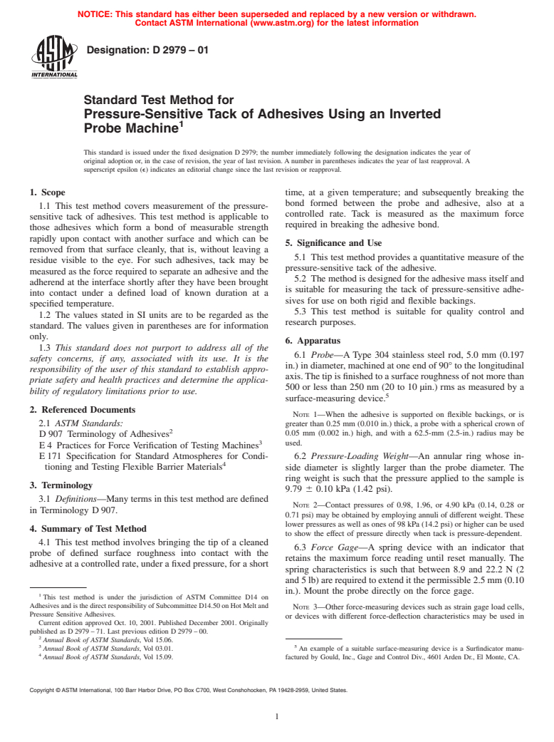 ASTM D2979-01 - Standard Test Method for Pressure-Sensitive Tack of Adhesives Using an Inverted Probe Machine