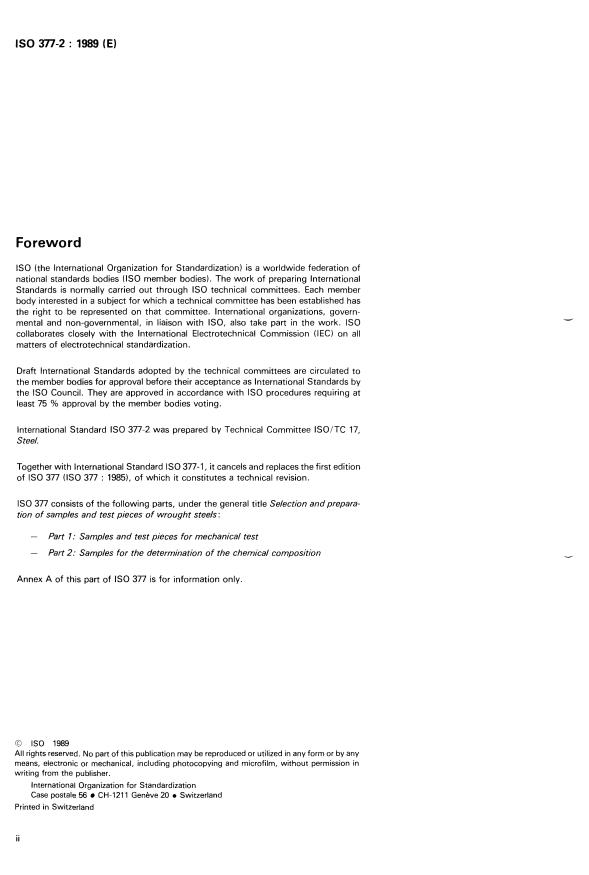 ISO 377-2:1989 ISO 377-2:1989 - Selection and preparation of samples and test pieces of wrought steels - Page 2 preview