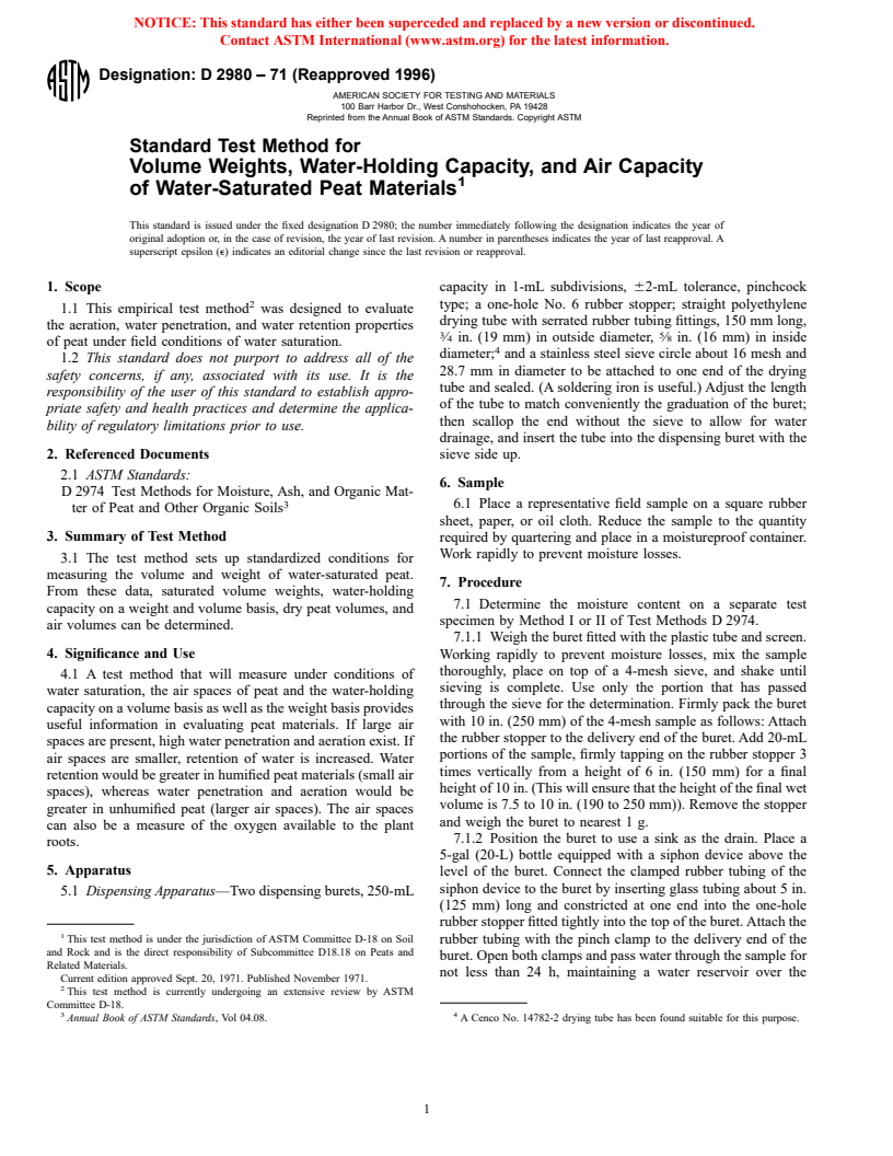 ASTM D2980-71(1996) - Standard Test Method for Volume Weights, Water-Holding Capacity, and Air Capacity of Water-Saturated Peat Materials