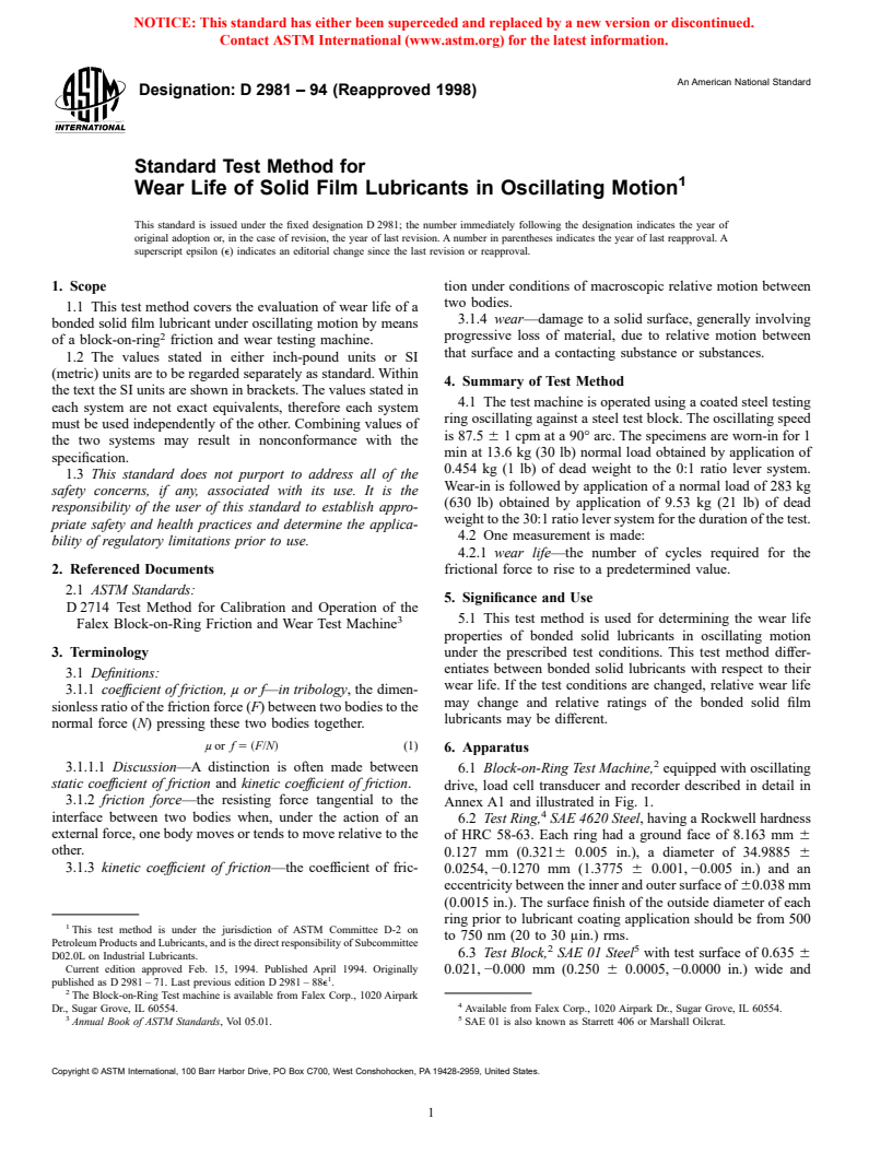 ASTM D2981-94(1998) - Standard Test Method for Wear Life of Solid Film Lubricants in Oscillating Motion