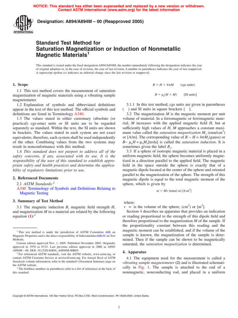 ASTM A894/A894M-00(2005) - Standard Test Method for Saturation Magnetization or Induction of Nonmetallic Magnetic Materials