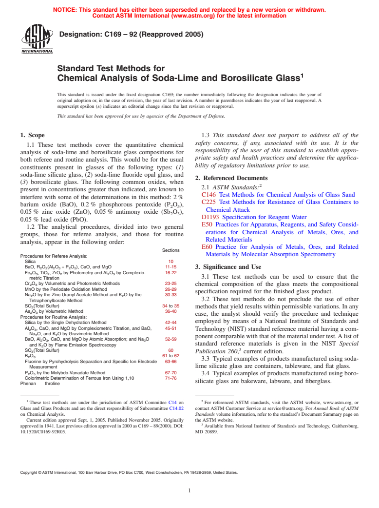 ASTM C169-92(2005) - Standard Test Methods for Chemical Analysis of Soda-Lime and Borosilicate Glass