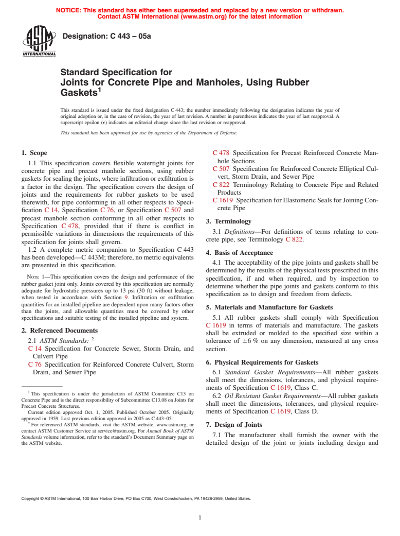 ASTM C443-05a - Standard Specification for Joints for Concrete Pipe and Manholes, Using Rubber Gaskets