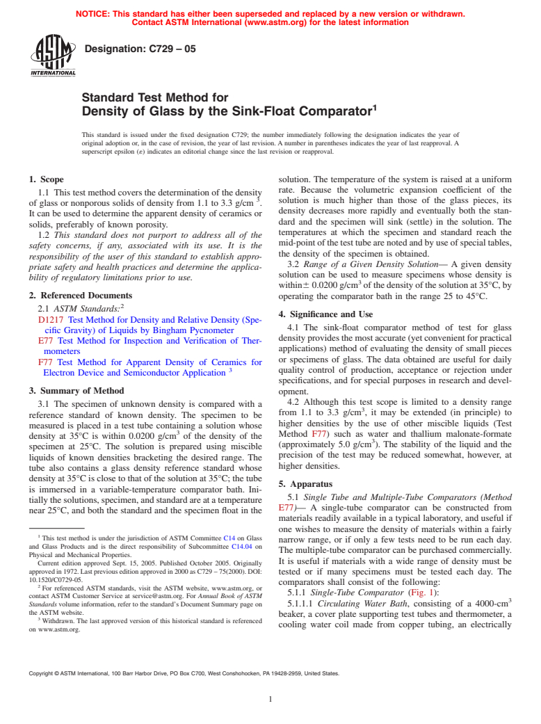 ASTM C729-05 - Standard Test Method for Density of Glass by the Sink-Float Comparator