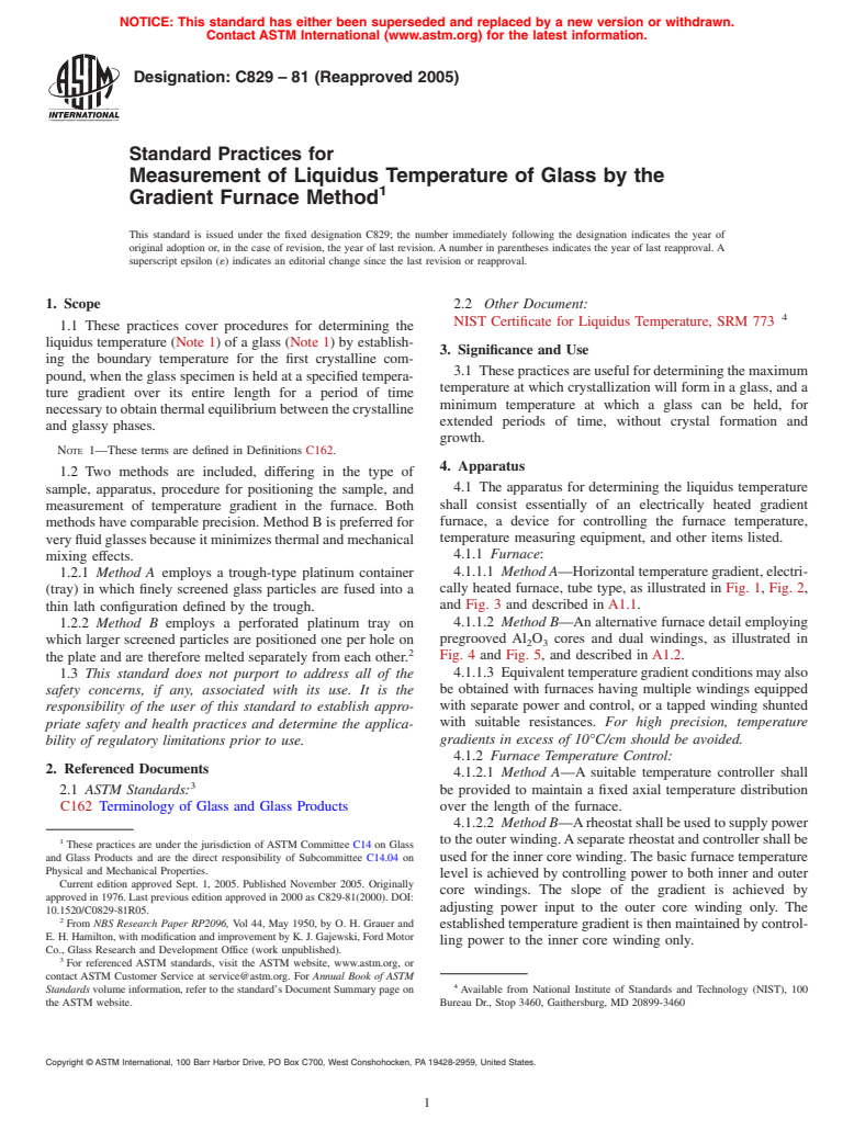 ASTM C829-81(2005) - Standard Practices for Measurement of Liquidus Temperature of Glass by the Gradient Furnace Method