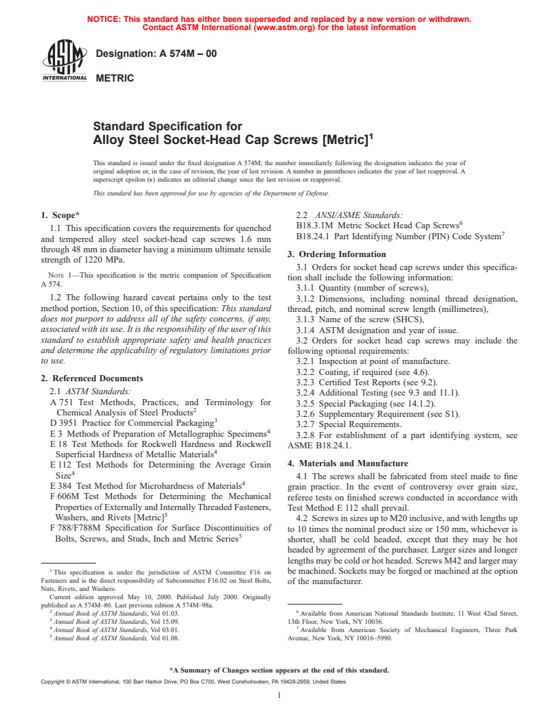 ASTM A574M-00 - Standard Specification for Alloy Steel Socket-Head Cap Screws [Metric]