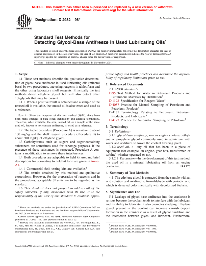 ASTM D2982-98e1 - Standard Test Methods for Detecting Glycol-Base Antifreeze in Used Lubricating Oils