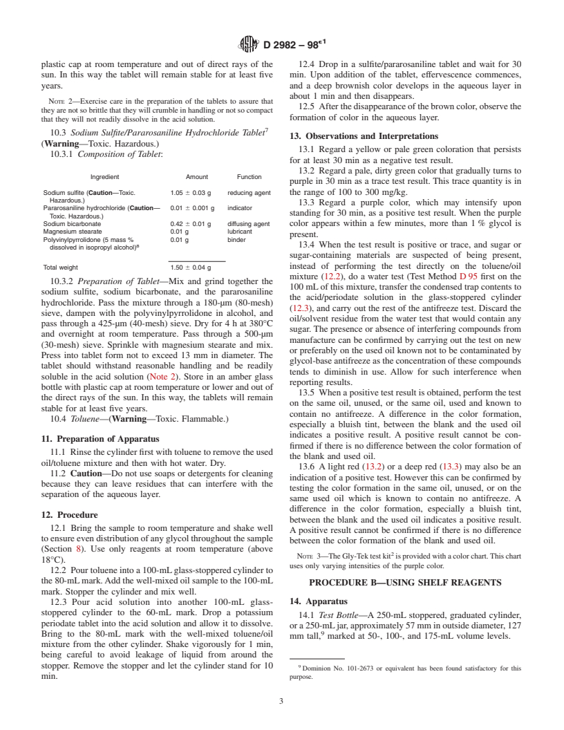 ASTM D2982-98e1 - Standard Test Methods for Detecting Glycol-Base Antifreeze in Used Lubricating Oils