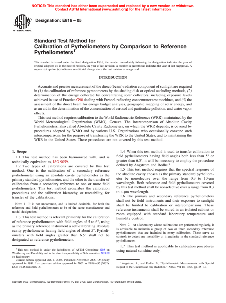 ASTM E816-05 - Standard Test Method for Calibration of Pyrheliometers by Comparison to Reference Pyrheliometers