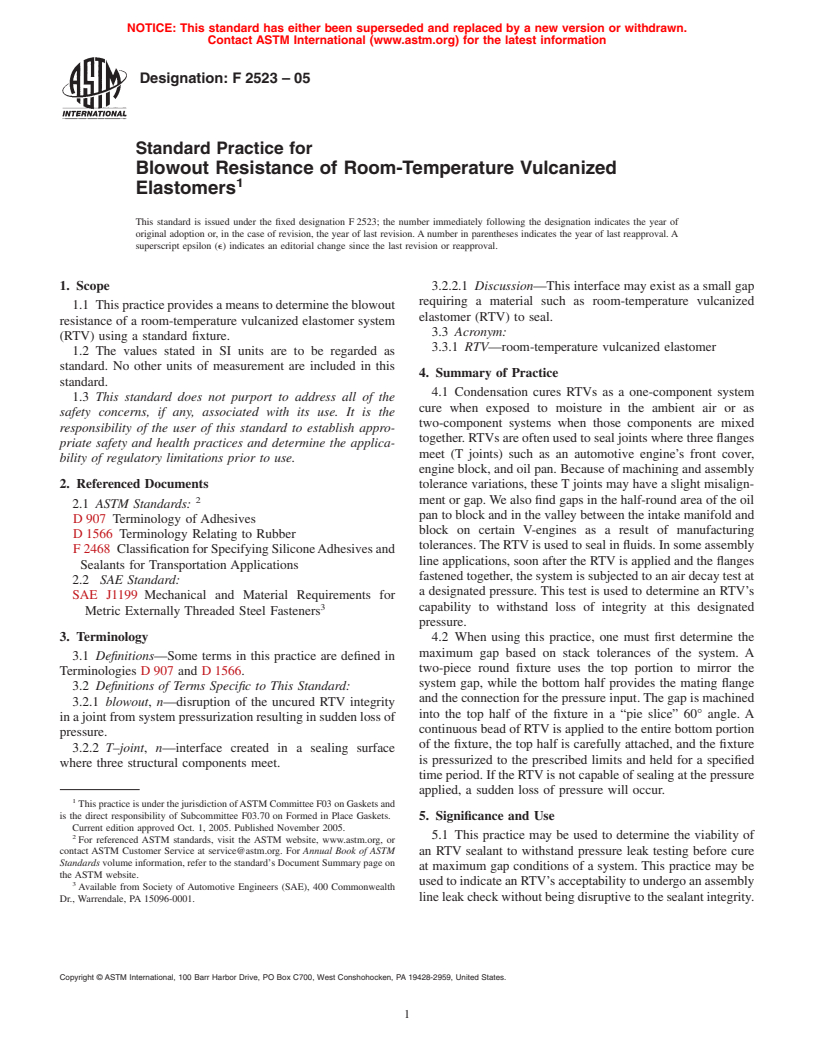 ASTM F2523-05 - Standard Practice for Blowout Resistance of Room-Temperature Vulcanized Elastomers