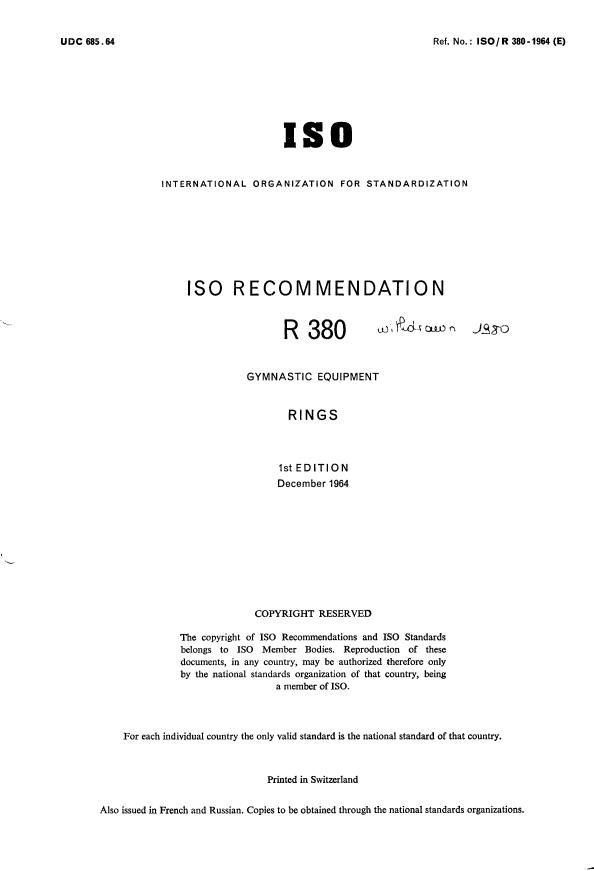 ISO/R 380:1964 - Withdrawal of ISO/R 380-1964