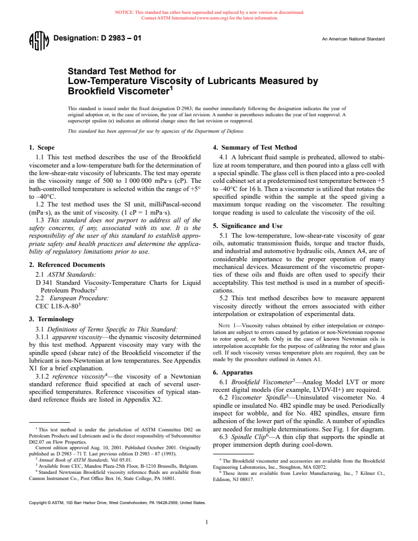 ASTM D2983-01 - Standard Test Method for Low-Temperature Viscosity of Lubricants Measured by Brookfield Viscometer