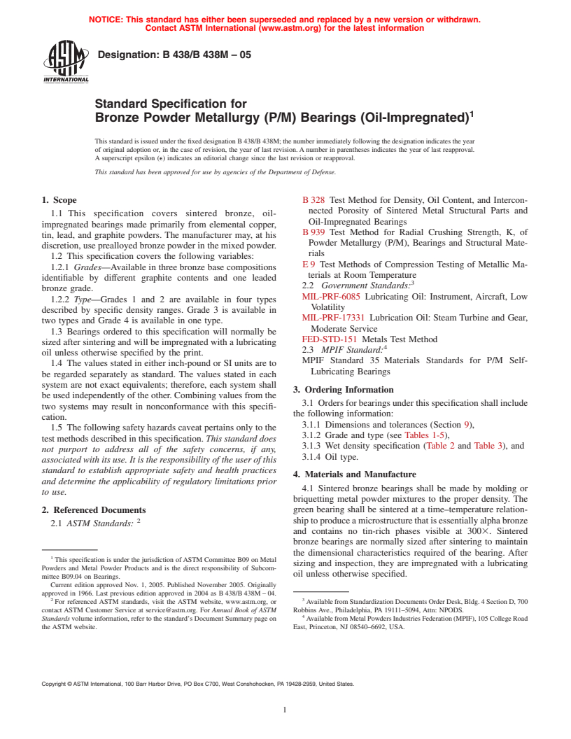 ASTM B438/B438M-05 - Specification for Bronze Powder Metallurgy (P/M) Bearing (Oil-Impregnated)