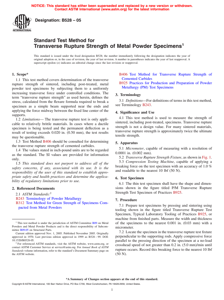 ASTM B528-05 - Standard Test Method for Transverse Rupture Strength of Metal Powder Specimens