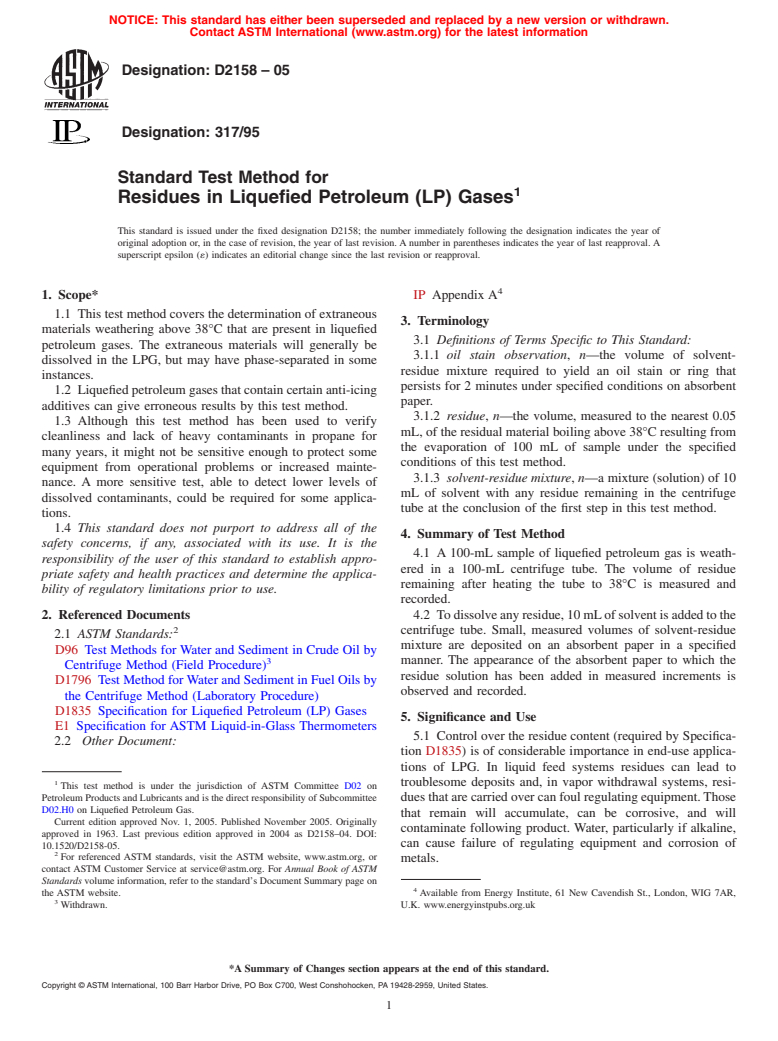 ASTM D2158-05 - Standard Test Method for Residues in Liquefied Petroleum (LP) Gases