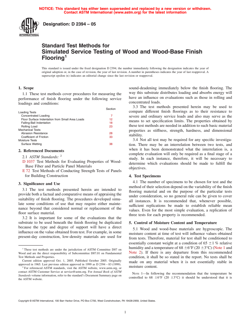 ASTM D2394-05 - Standard Methods for Simulated Service Testing of Wood and Wood-Base Finish Flooring