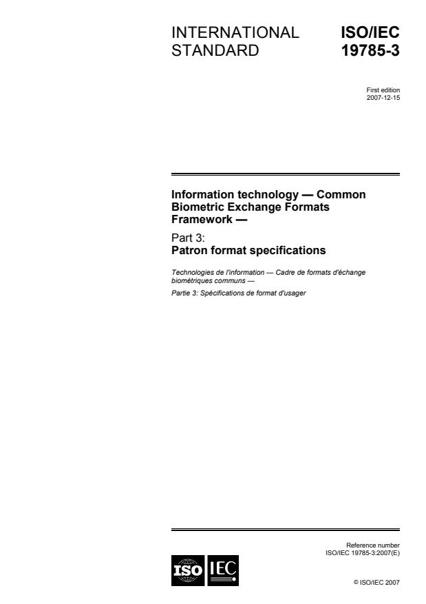 ISO/IEC 19785-3:2007 - Information technology -- Common Biometric Exchange Formats Framework