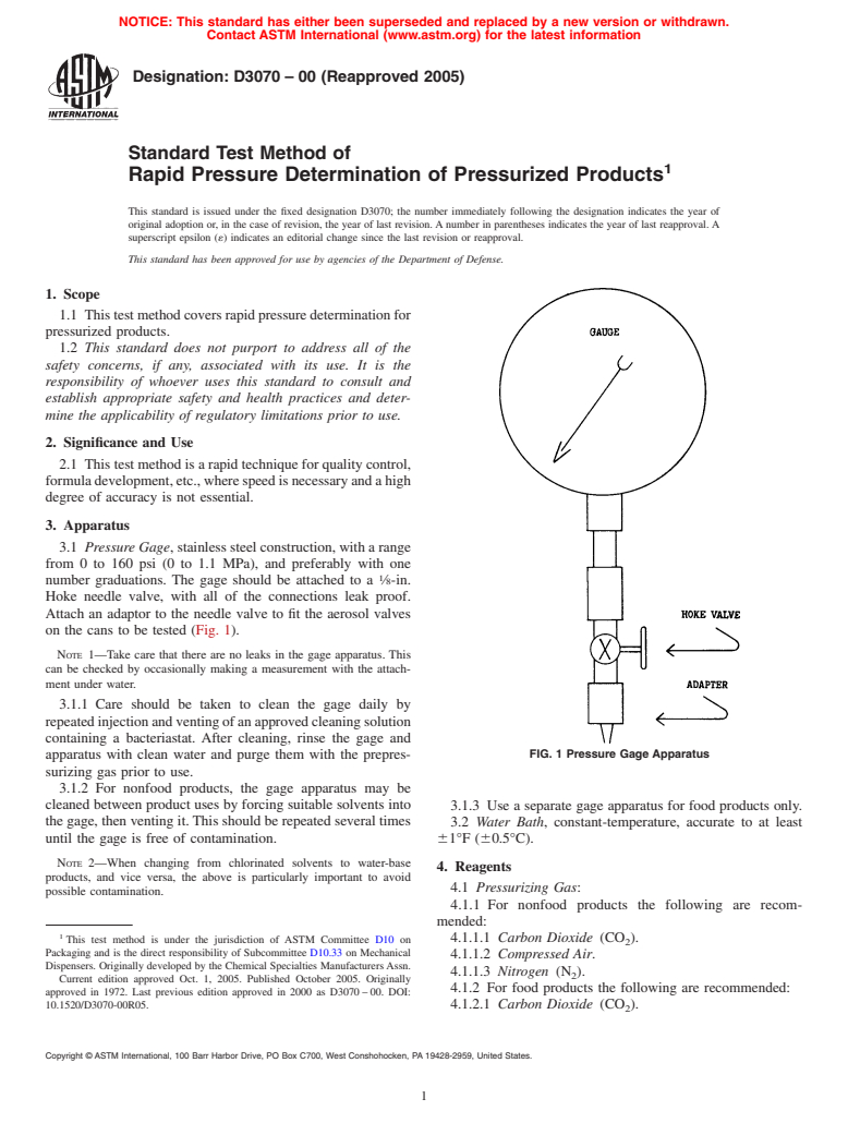 ASTM D3070-00(2005) - Standard Test Method of Rapid Pressure Determination of Pressurized Products