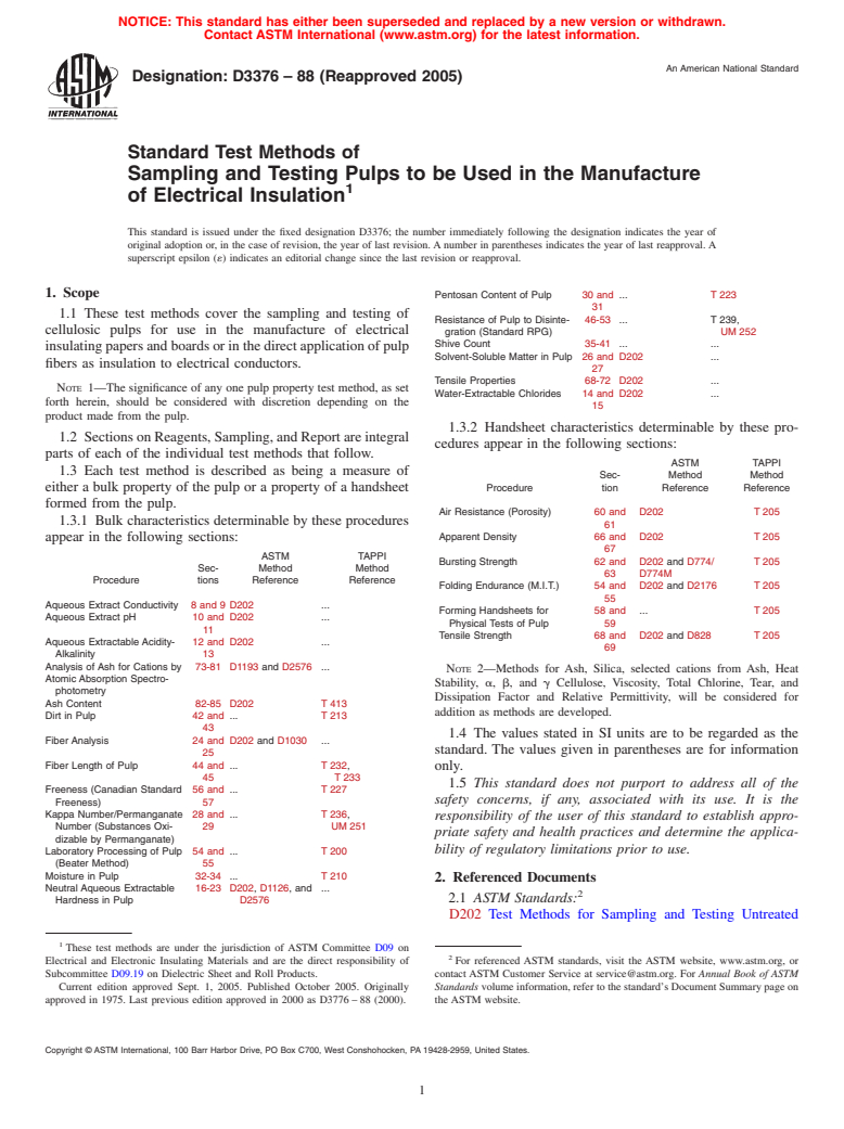 ASTM D3376-88(2005) - Standard Test Methods of Sampling and Testing Pulps to be Used in the Manufacture of Electrical Insulation