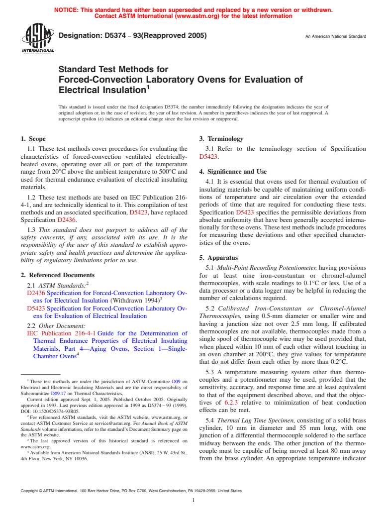 ASTM D5374-93(2005) - Standard Test Methods for Forced-Convection Laboratory Ovens for Evaluation of Electrical Insulation