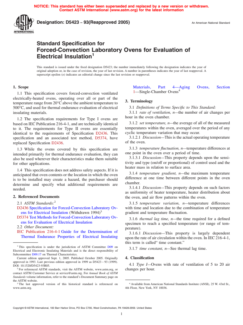 ASTM D5423-93(2005) - Standard Specification for Forced-Convection Laboratory Ovens for Evaluation of Electrical Insulation (Withdrawn 2014)