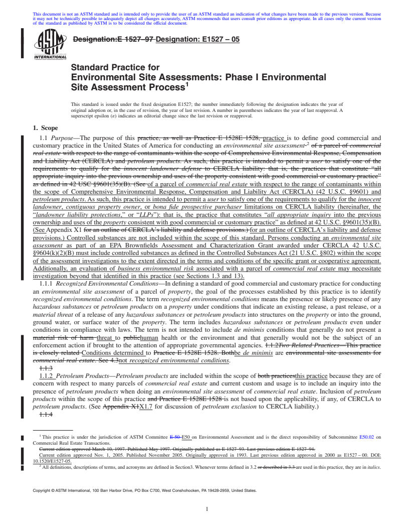 REDLINE ASTM E1527-05 - Standard Practice for Environmental Site Assessments: Phase I Environmental Site Assessment Process