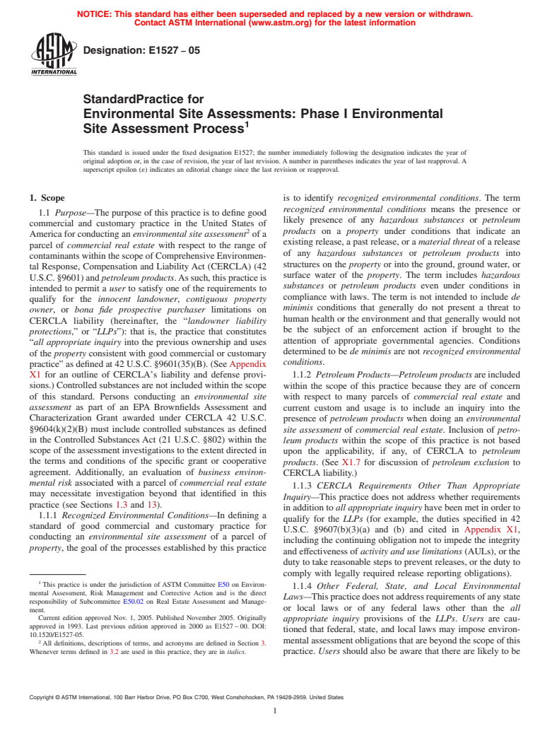 ASTM E1527-05 - Standard Practice for Environmental Site Assessments: Phase I Environmental Site Assessment Process