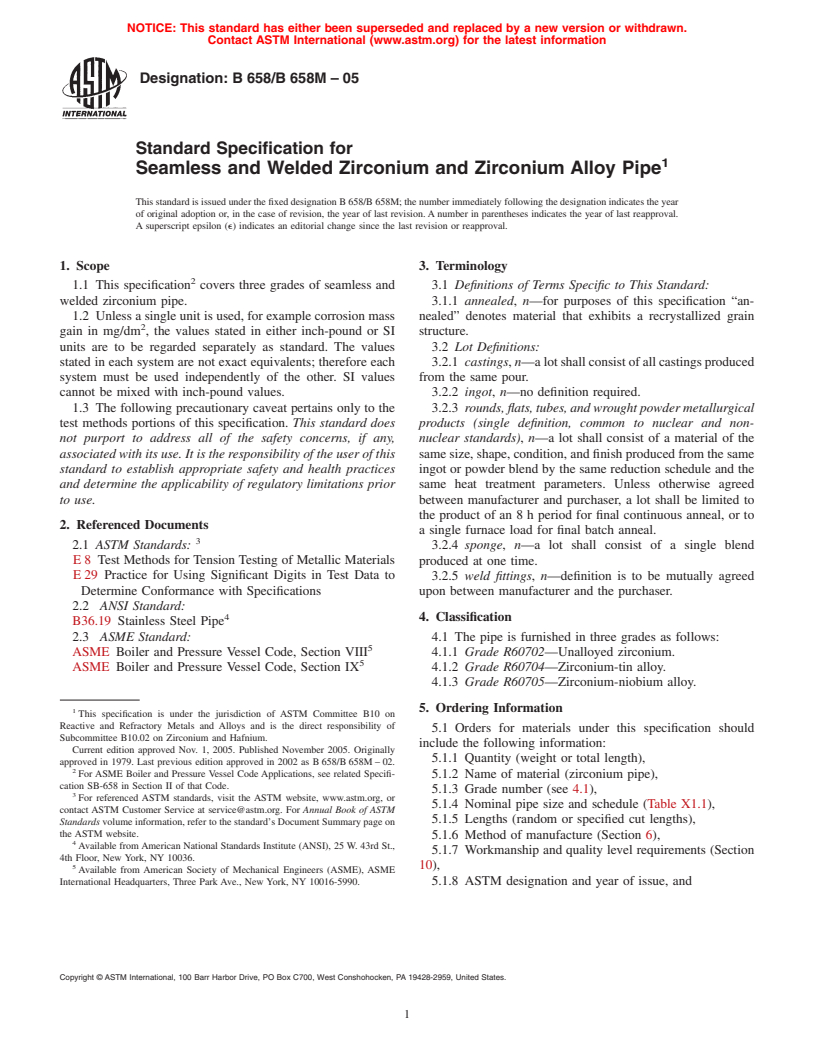 ASTM B658/B658M-05 - Standard Specification for Seamless and Welded Zirconium and Zirconium Alloy Pipe