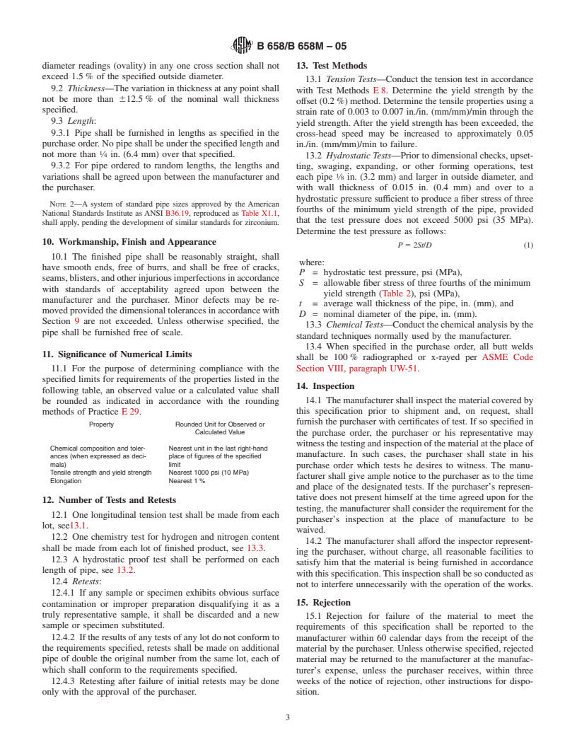 ASTM B658/B658M-05 - Standard Specification for Seamless and Welded Zirconium and Zirconium Alloy Pipe