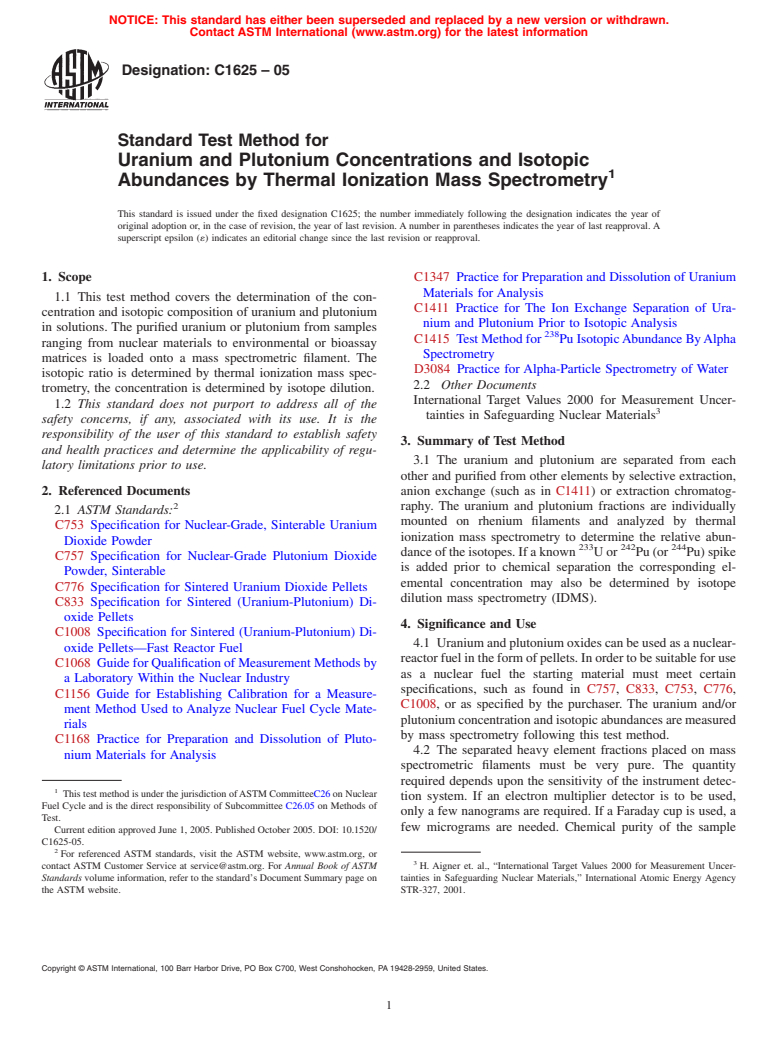 ASTM C1625-05 - Standard Test Method for Uranium and Plutonium