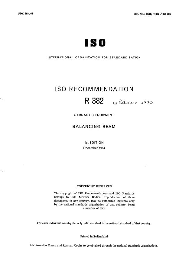 ISO/R 382:1964 - Withdrawal of ISO/R 382-1964