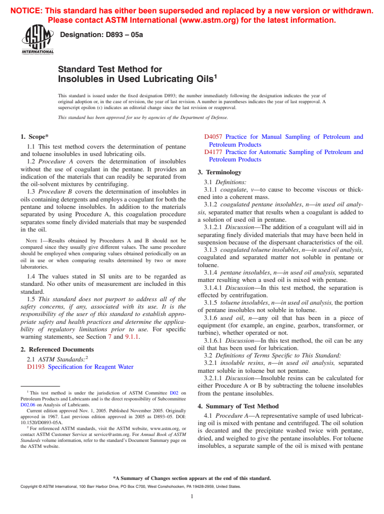 ASTM D893-05a - Standard Test Method for Insolubles In Used Lubricating Oils