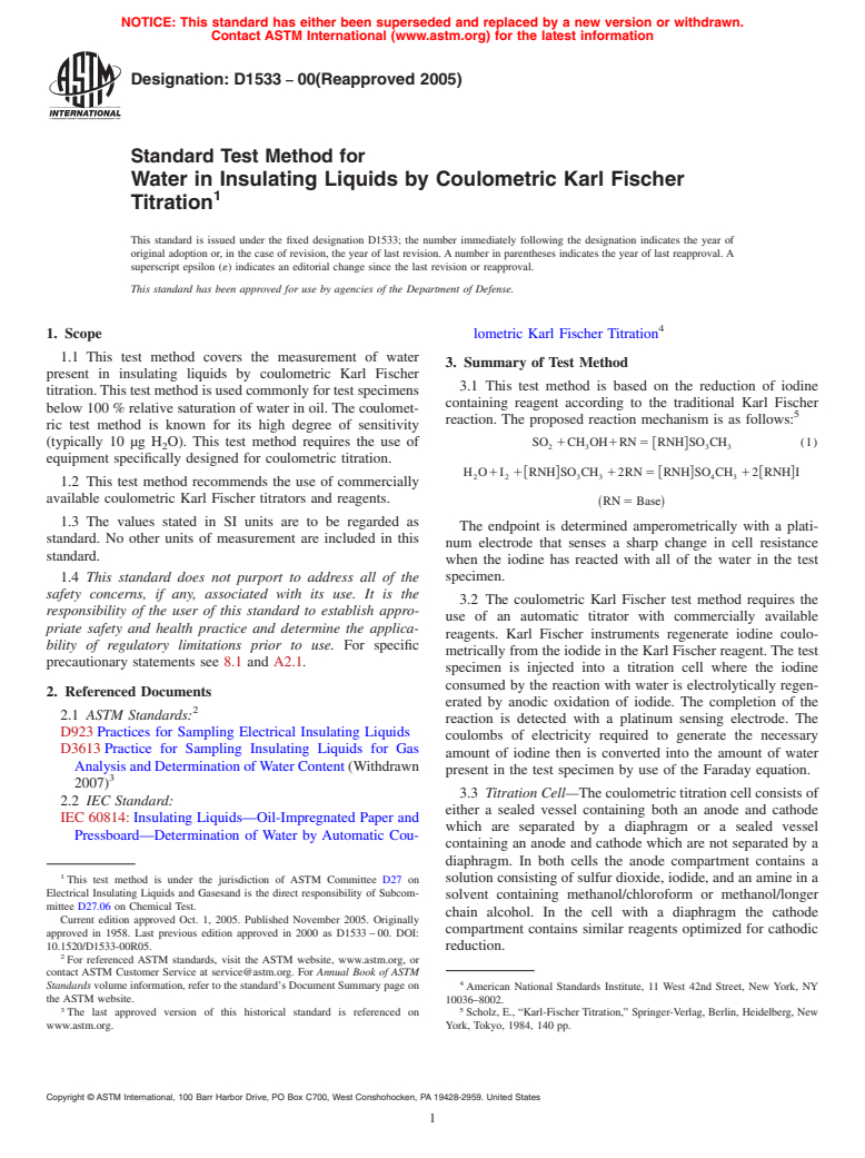 ASTM D1533-00(2005) - Standard Test Method for Water in Insulating Liquids by Coulometric Karl Fischer Titration