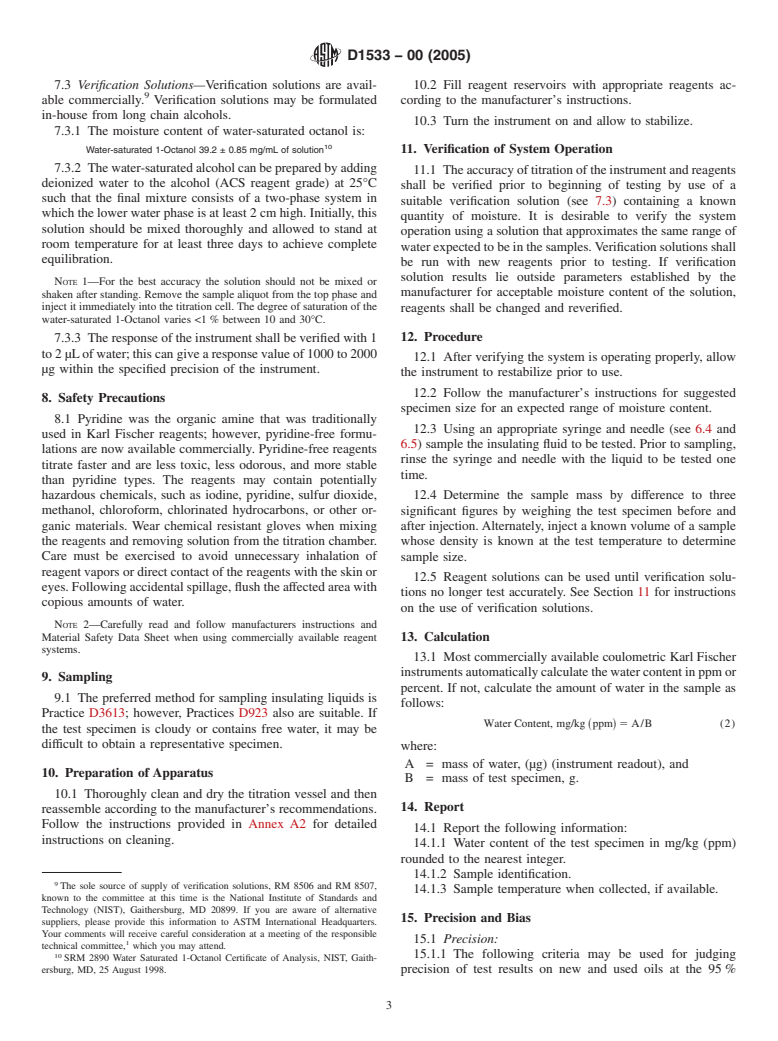 ASTM D1533-00(2005) - Standard Test Method for Water in Insulating Liquids by Coulometric Karl Fischer Titration