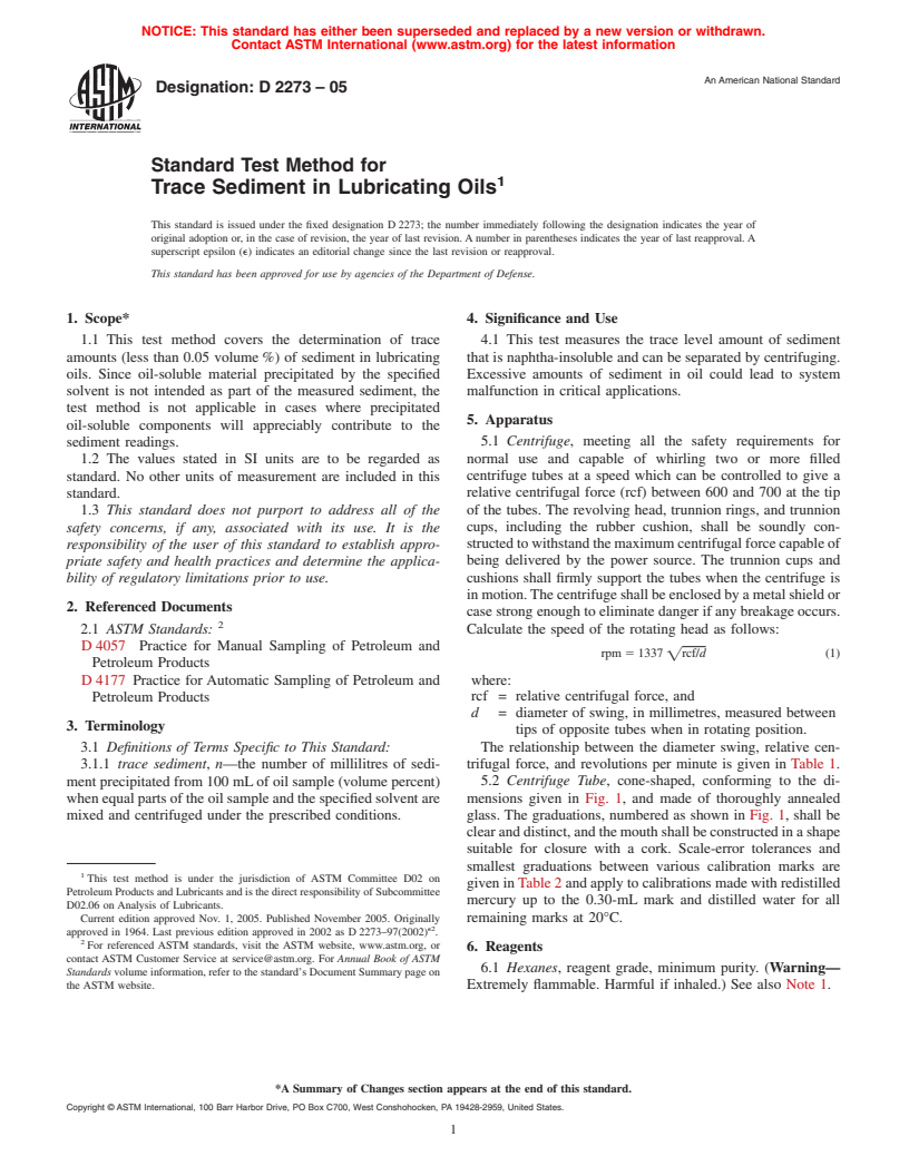 ASTM D2273-05 - Standard Test Method for Trace Sediment in Lubricating Oils