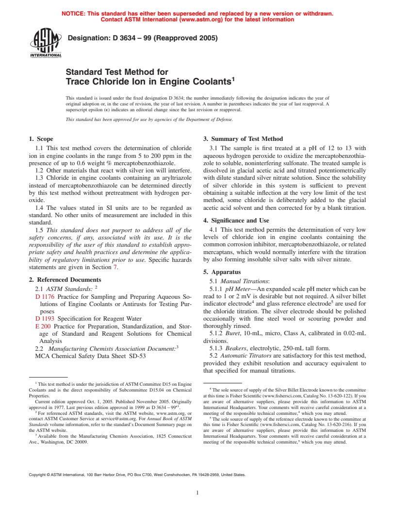 ASTM D3634-99(2005) - Standard Test Method for Trace Chloride Ion in Engine Coolants