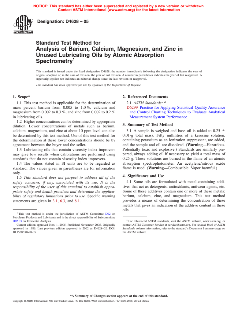 ASTM D4628-05 - Standard Test Method for Analysis of Barium, Calcium, Magnesium, and Zinc In Unused Lubricating Oils By Atomic Absorption Spectrometry